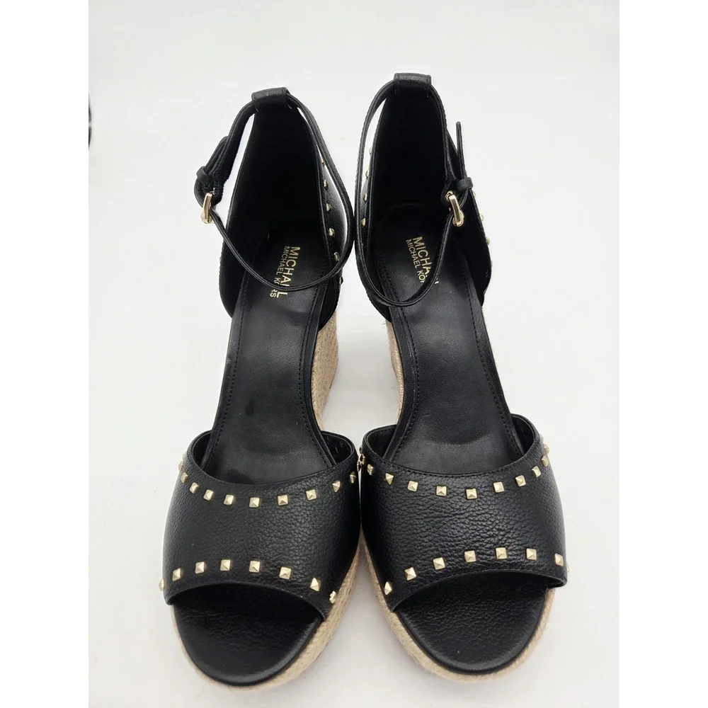 Michael Kors Black Women's Espadrille Stud Platform Logo Wedges Sandals, Sz.8M